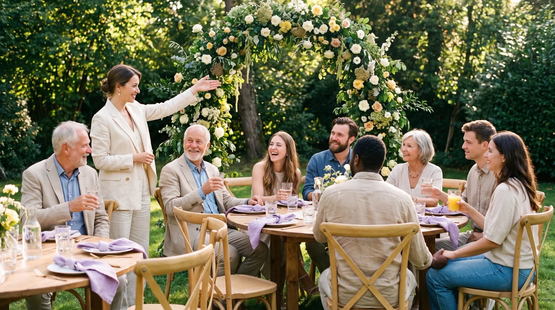 Hochzeitsplaner Bad Honnef: Planerin zeigt lächelndem Paar einen dekorierten Tisch in hellem Veranstaltungsraum, warmes Nachmittagslicht, entspannte Atmosphäre.
