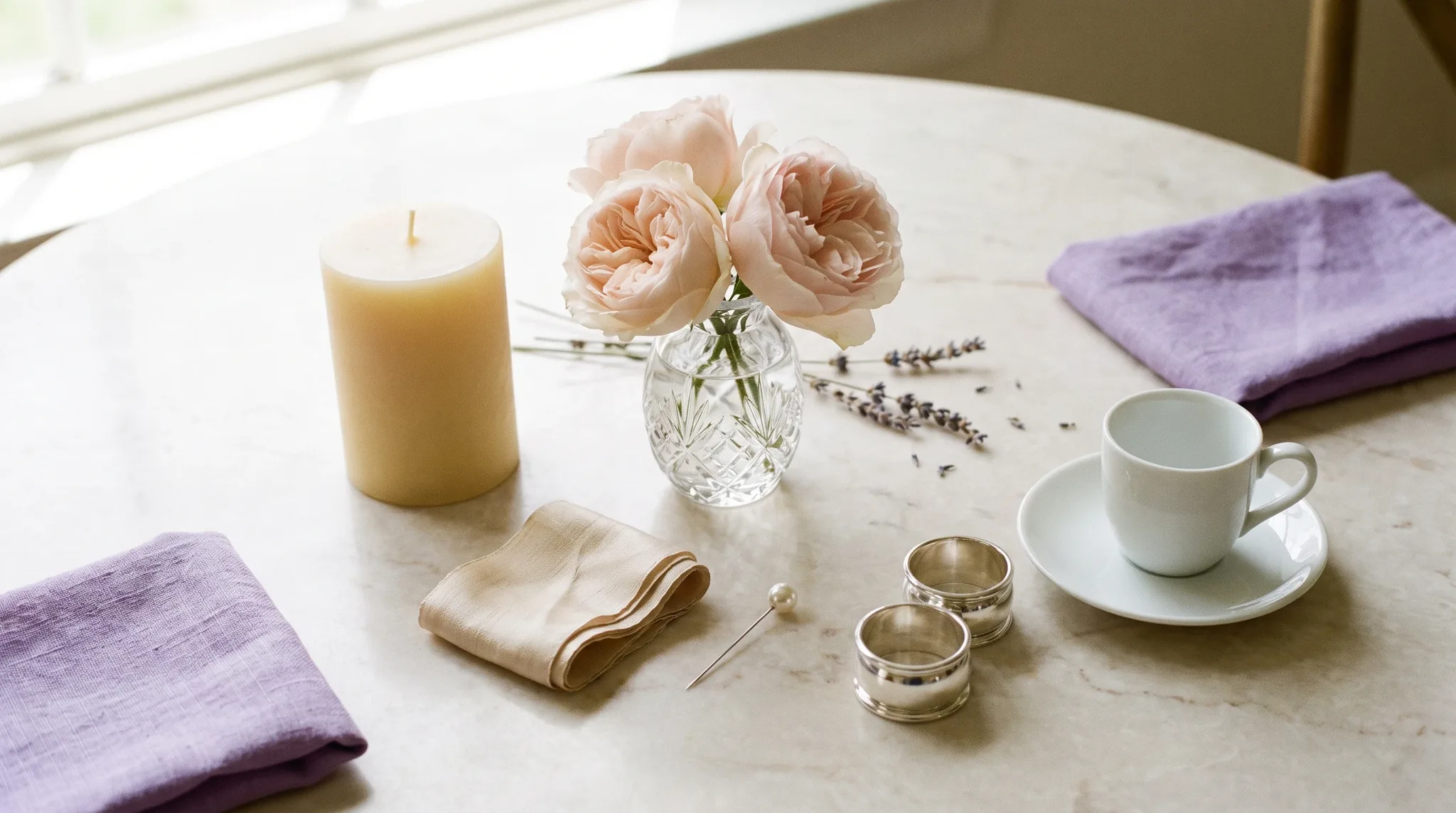 Hochzeitsplaner in Düsseldorf: Flat-Lay mit cremefarbenen Gartenrosen, staubig-blauen Eukalyptuszweigen, Messingkerzenhalter und Seidenband in Rosé und Champagner.