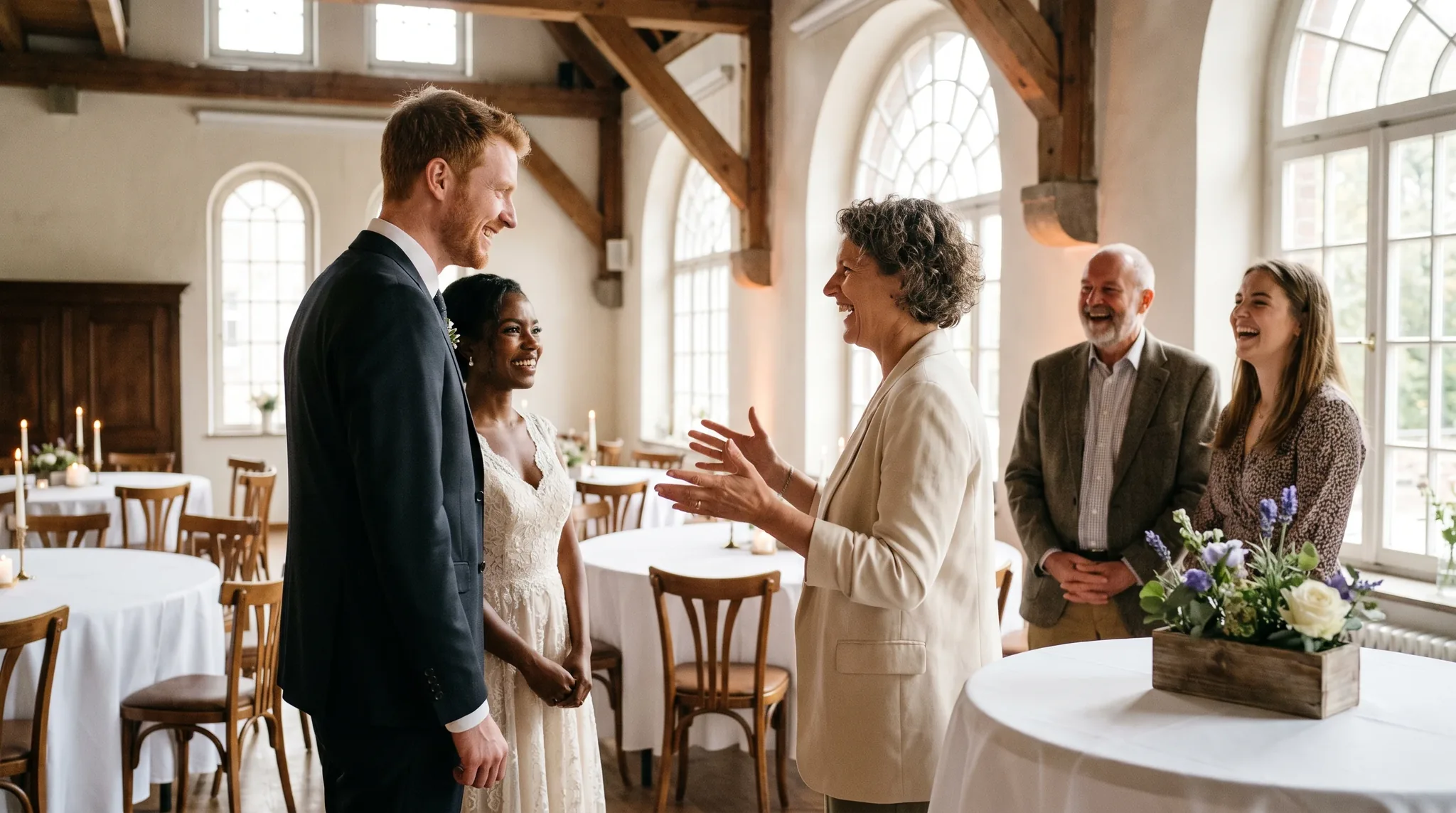 Hochzeitsplaner Düsseldorf: Frau im taillierten Blazer gestikuliert herzlich in Richtung eines Blumenbogens, acht elegant gekleidete Gäste hören lachend zu.
