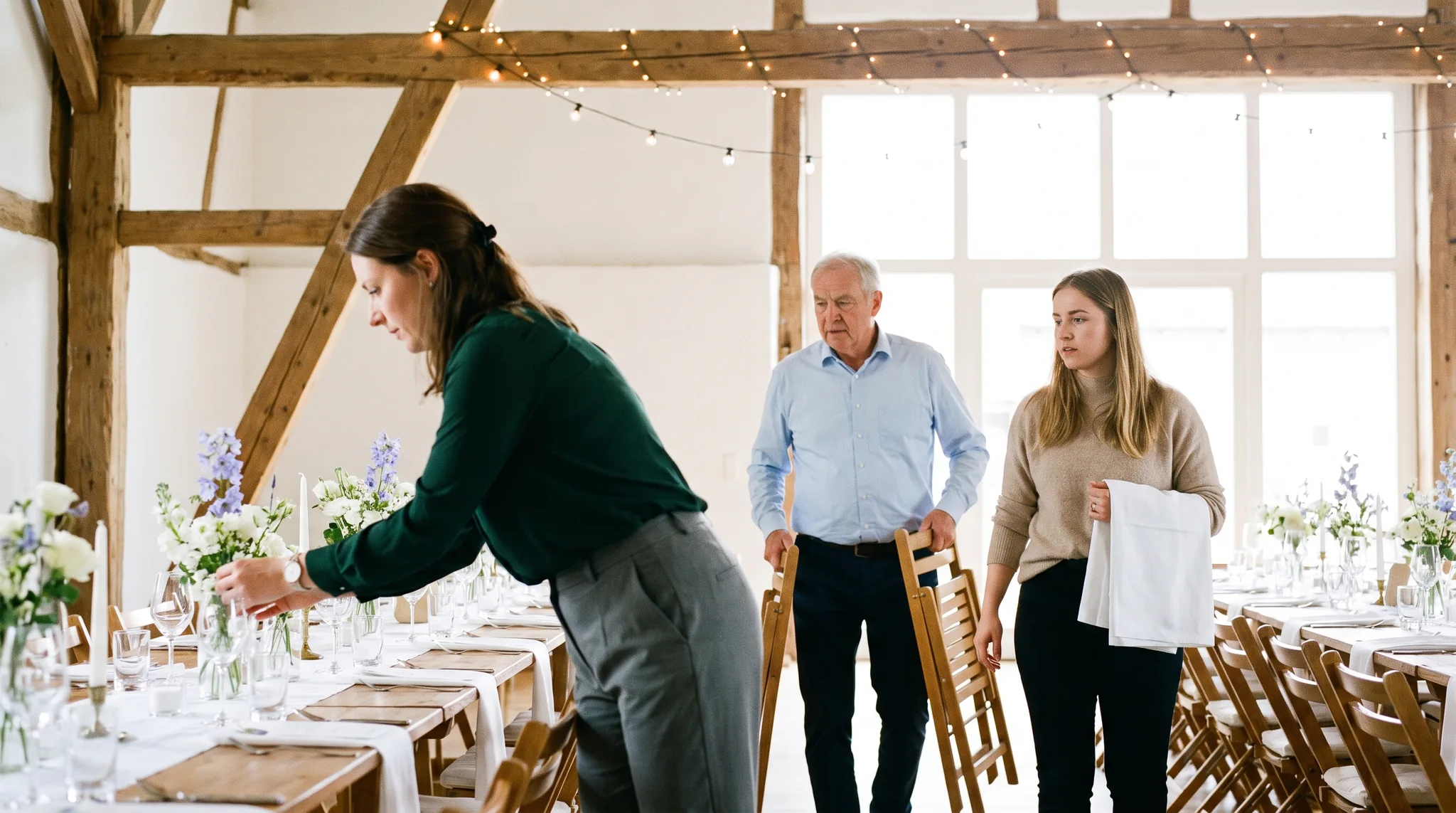 Hochzeitsplanerin richtet am Hochzeitstag die Tischdekoration in der Location, im Hintergrund bereiten Helfer den Saal vor