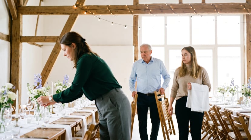 Hochzeitsplanerin richtet am Hochzeitstag die Tischdekoration in der Location, im Hintergrund bereiten Helfer den Saal vor