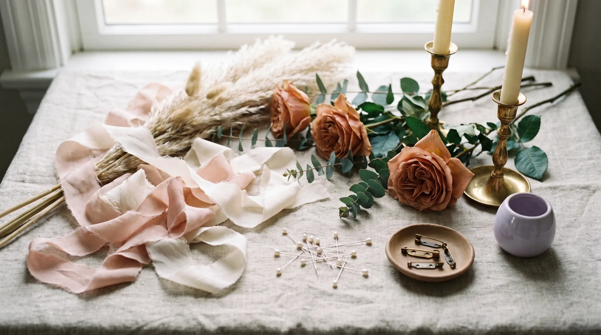 Hochzeitsplaner in Köln: Flach-Lay mit Elfenbeinband, Pampasgras, weißen Rosen, vergoldetem Porzellan und Kerzen auf Leinenstoff, sanftes natürliches Licht.