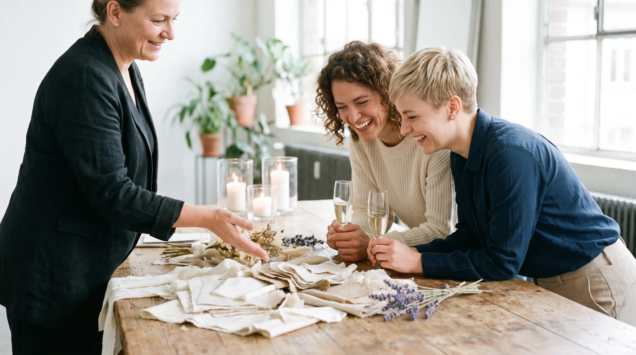 Hochzeitsplaner Köln: Hochzeitsplanerin im eleganten Blazer erklärt einem lachenden Brautpaar die Blumendekoration bei einem kerzenbeschienenen Empfang.