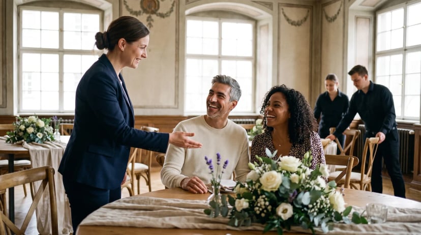 Hochzeitsplaner Siegburg: Planerin mit silbernem Kurzhaar berät ein Brautpaar in einem festlich dekorierten Empfangssaal mit goldwarmer Beleuchtung.