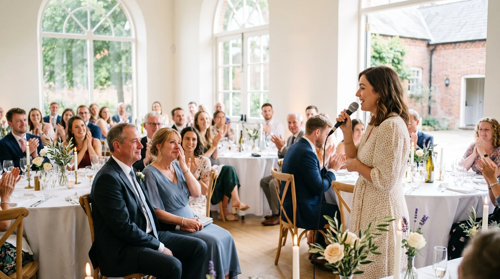 Hochzeitssänger Bonn: Sängerin mit Mikrofon bei elegantem Hochzeitsempfang, warmes Licht, Gäste in Festkleidung klatschen und wiegen sich.