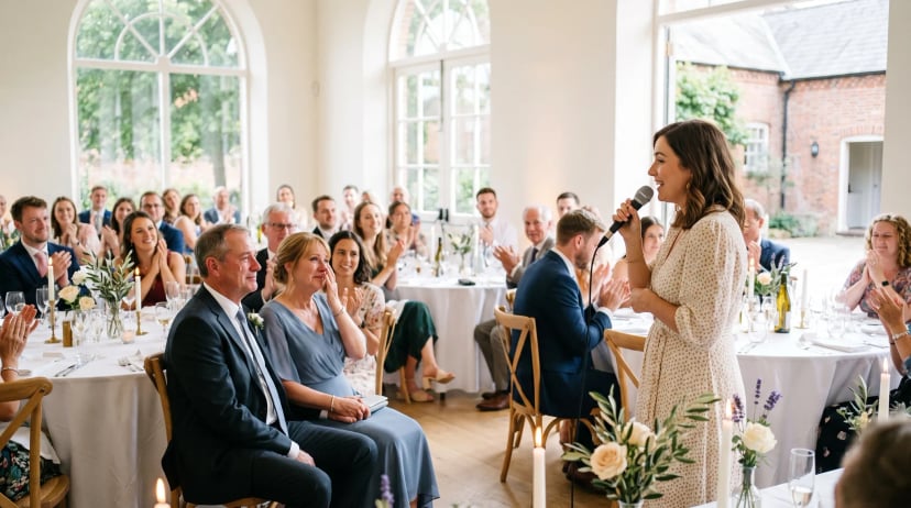 Hochzeitssänger Bonn: Sängerin mit Mikrofon bei elegantem Hochzeitsempfang, warmes Licht, Gäste in Festkleidung klatschen und wiegen sich.