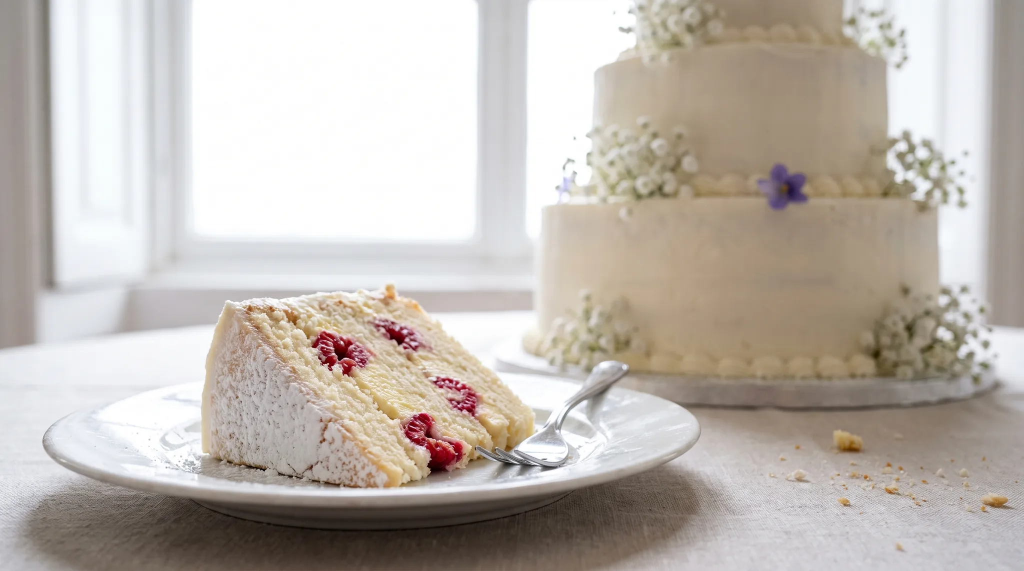 Hochzeitstorte im Detail: angeschnittenes Stück mit Vanillecreme und Himbeeren auf einem Teller mit Kuchengabel