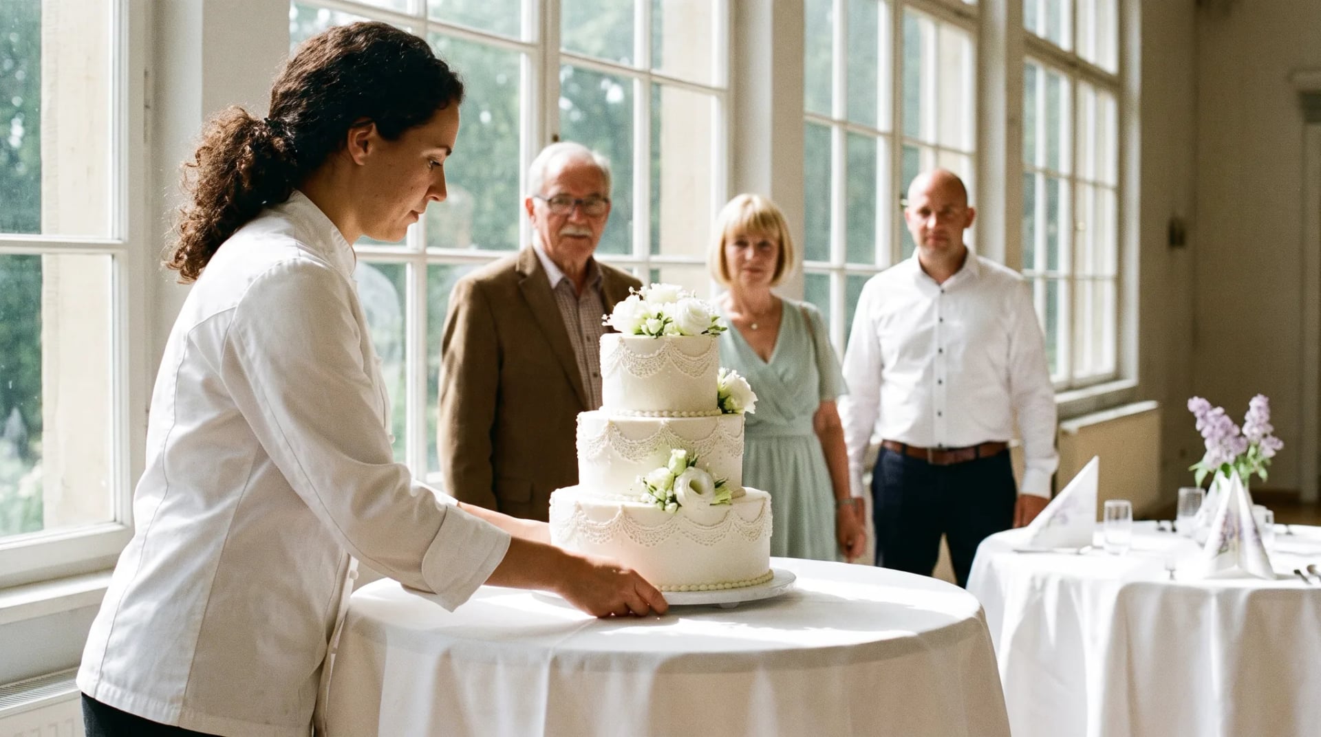 Hochzeitstorte bestellen: Konditorin stellt eine dreistöckige weiße Hochzeitstorte mit frischen Blumen auf den Tortentisch in der Location