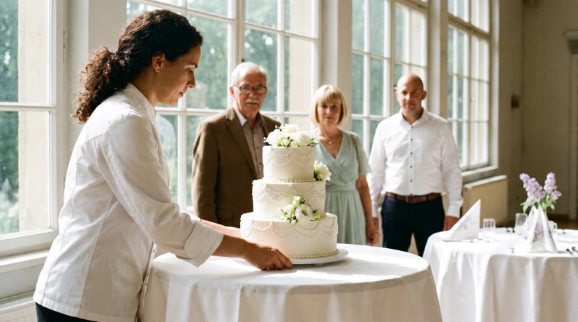 Hochzeitstorte bestellen: Konditorin stellt eine dreistöckige weiße Hochzeitstorte mit frischen Blumen auf den Tortentisch in der Location