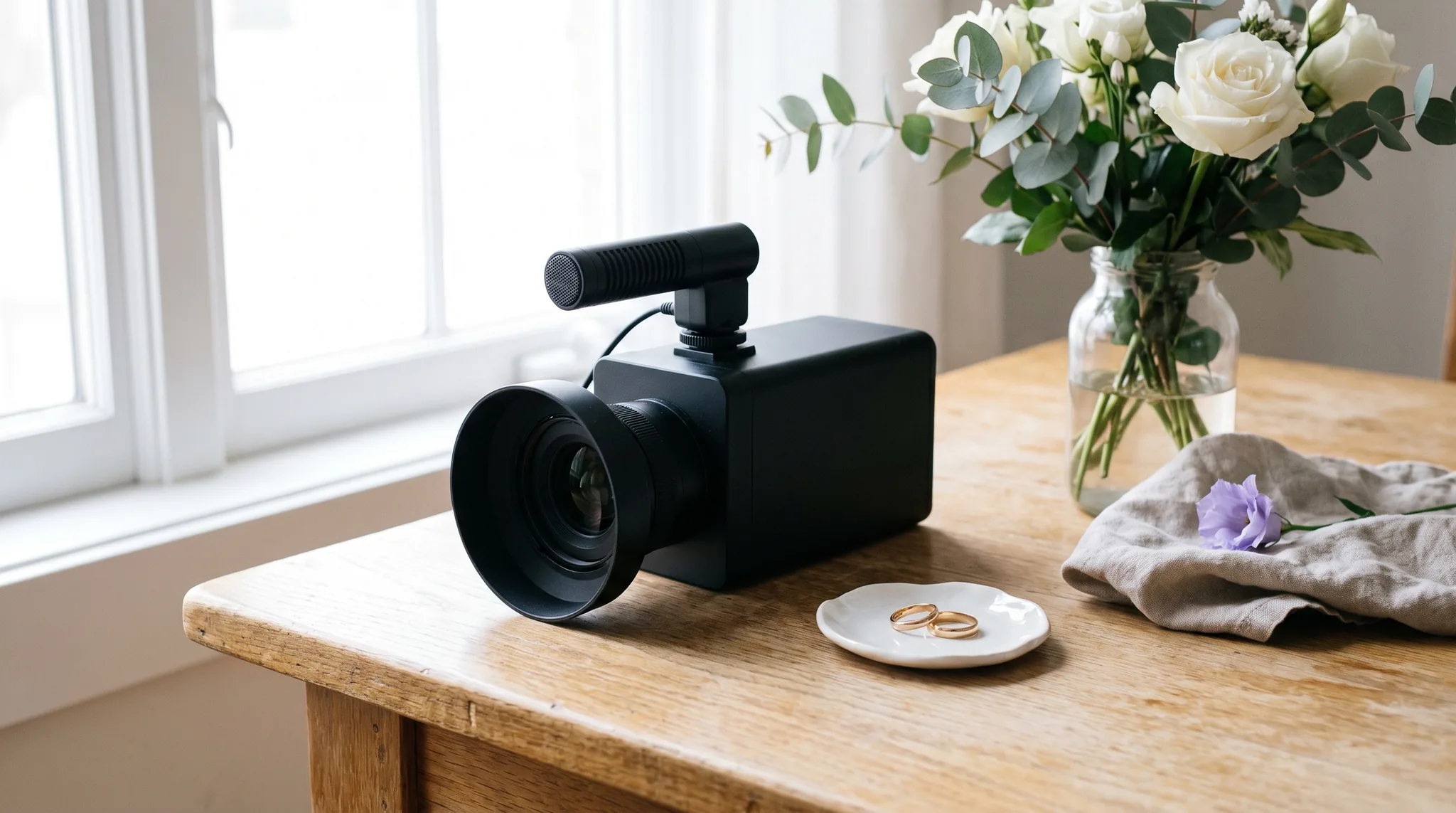 Hochzeitsvideo im Detail: Videokamera mit Mikrofon auf einem Holztisch neben Eheringen und einem Blumenstrauß
