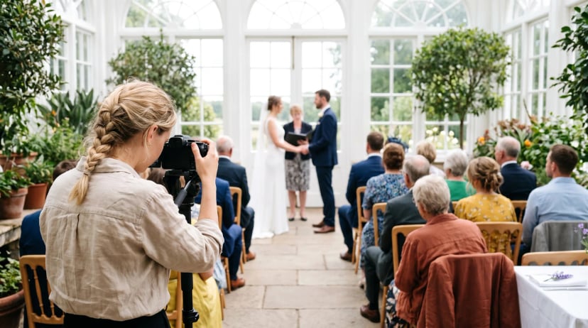 Videograf auf der Hochzeit: Videografin filmt mit Kamera auf Einbeinstativ das Eheversprechen des Brautpaars in einer hellen Orangerie