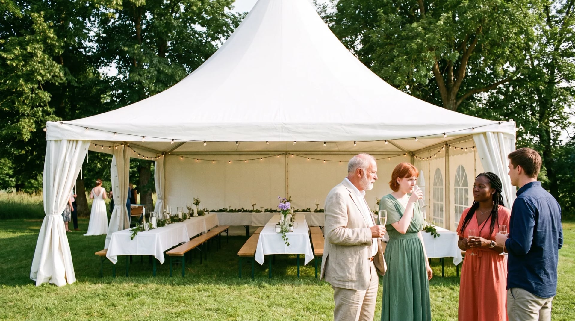 Zelt für die Hochzeit: weißes Pagodenzelt mit offenen Seitenwänden und gedeckten Tischen auf einer Wiese, Gäste stehen davor