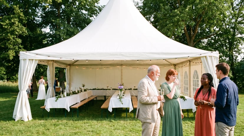 Zelt für die Hochzeit: weißes Pagodenzelt mit offenen Seitenwänden und gedeckten Tischen auf einer Wiese, Gäste stehen davor