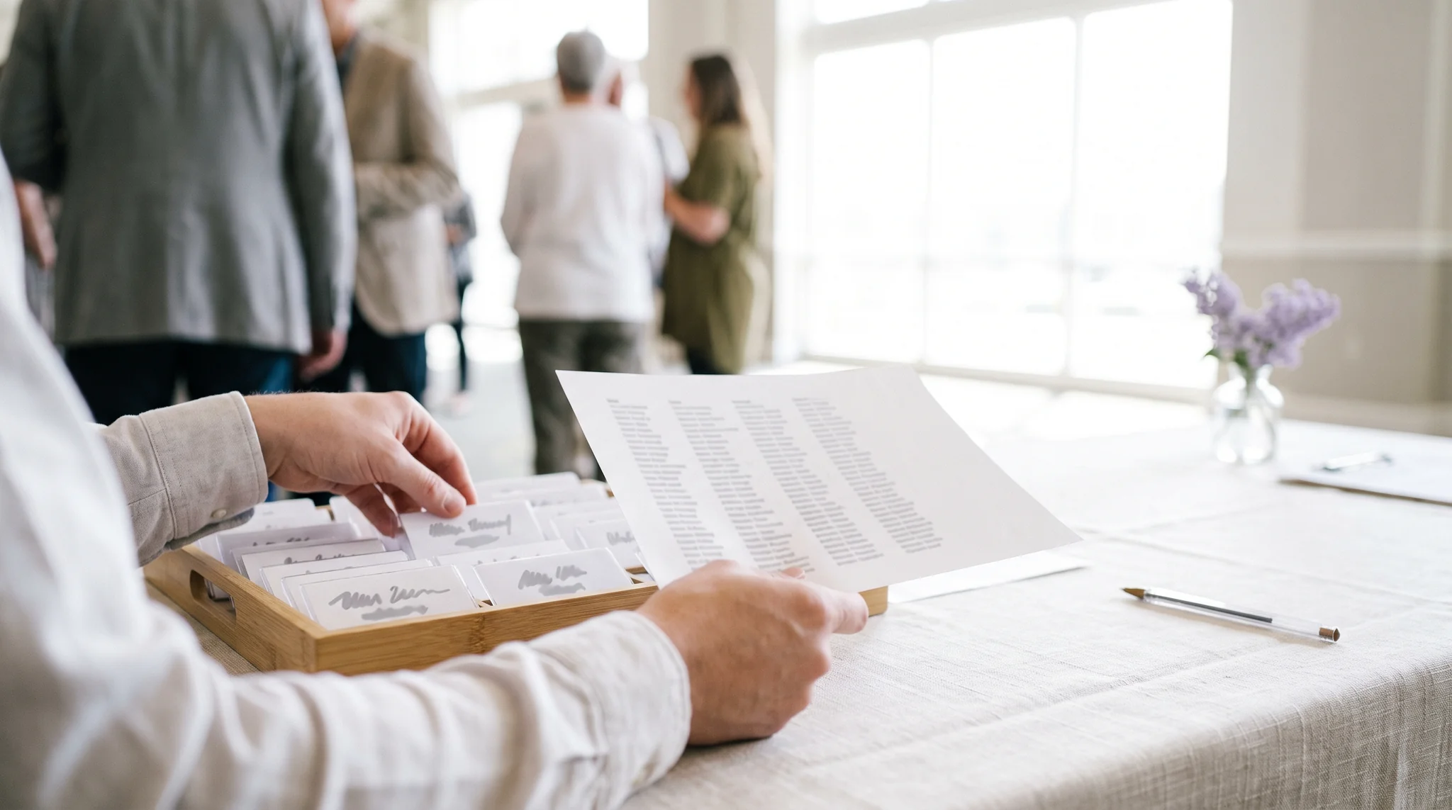 Hostessen Detail: Hände ordnen Namensschilder und eine Gästeliste auf einem hellen Check-in-Tisch bei einer Firmenveranstaltung