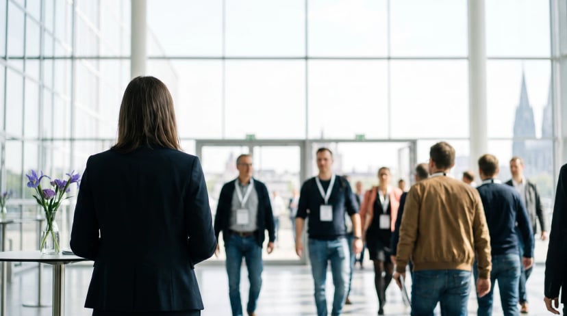 Hostessen in Köln buchen: Hostess in dunklem Kostüm von hinten am Empfang eines Messestands, davor Besucher mit Lanyards in einer hellen Messehalle