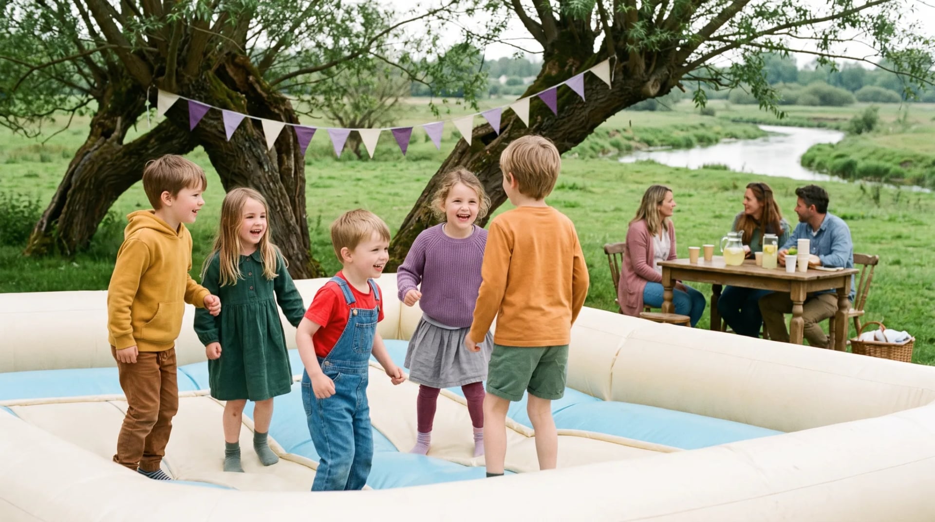 Kinder springen auf einer pastellfarbenen Hüpfburg bei einem Gartenfest in Dresden