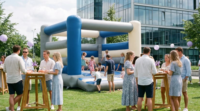 Kinder springen auf einer bunten Hüpfburg im Garten bei einer Feier in Düsseldorf
