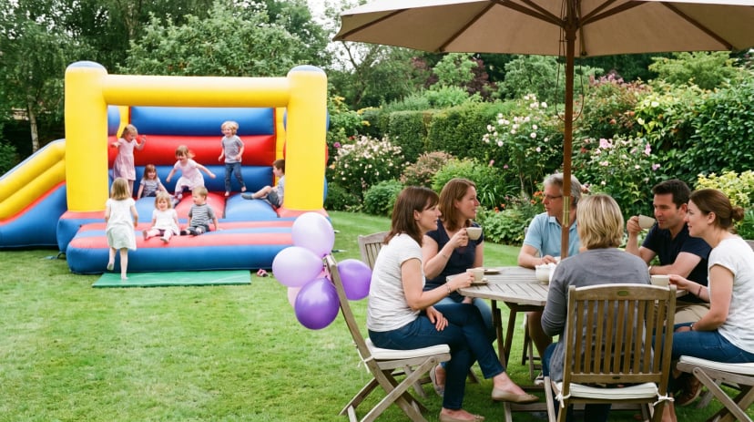Kinder springen auf einer bunten Hüpfburg bei einem Fest in Köln