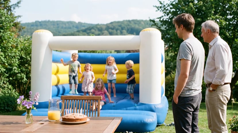 Hüpfburg Königswinter: Kinder springen in einer blau-weiß-gelben Hüpfburg im Garten, zwei Erwachsene schauen zu, vorne ein Geburtstagskuchen mit Kerzen.