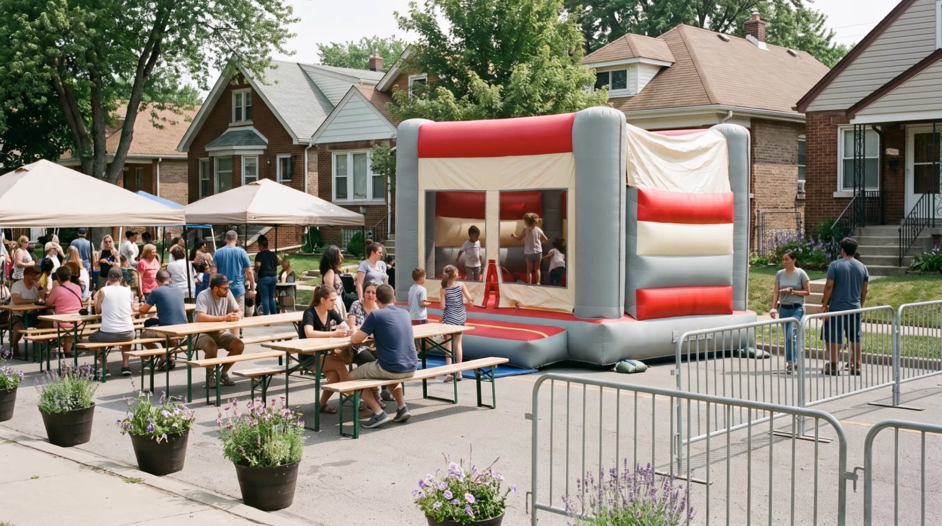 Kinder springen auf einer bunten Hüpfburg bei einem Sommerfest in Siegburg
