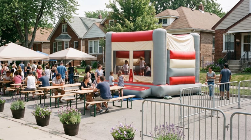 Kinder springen auf einer bunten Hüpfburg bei einem Sommerfest in Siegburg