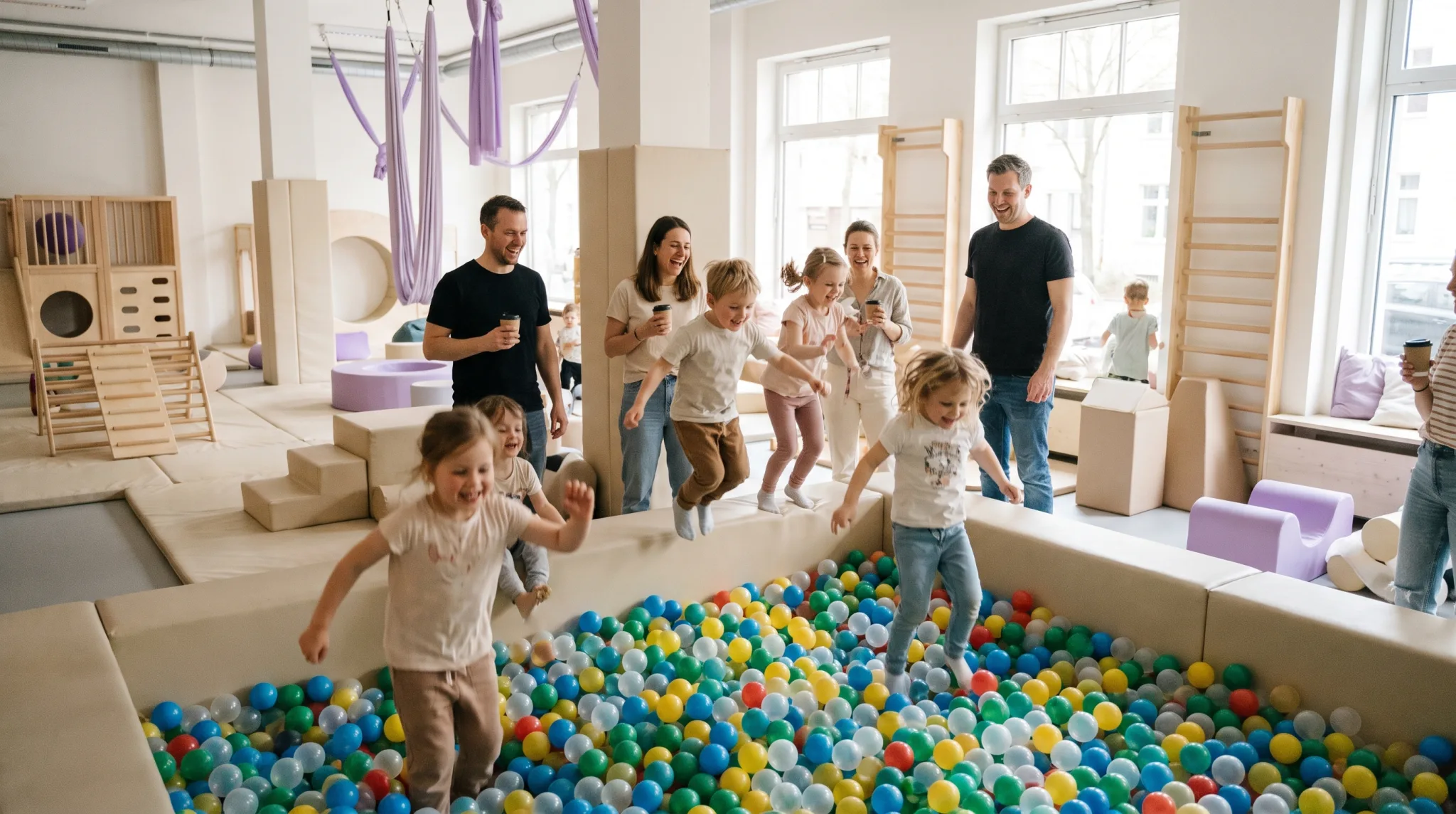 Kinder klettern und rutschen auf einem Indoor Spielplatz in Düsseldorf