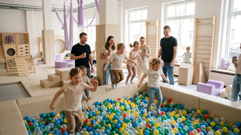 Kinder klettern und rutschen auf einem Indoor Spielplatz in Düsseldorf