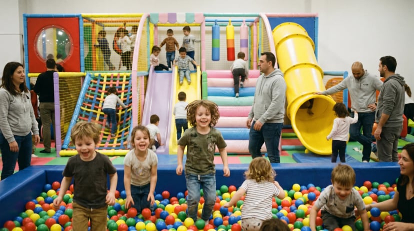 Kinder und Eltern spielen auf einem bunten Indoor-Spielplatz mit Rutschen und Bällebad