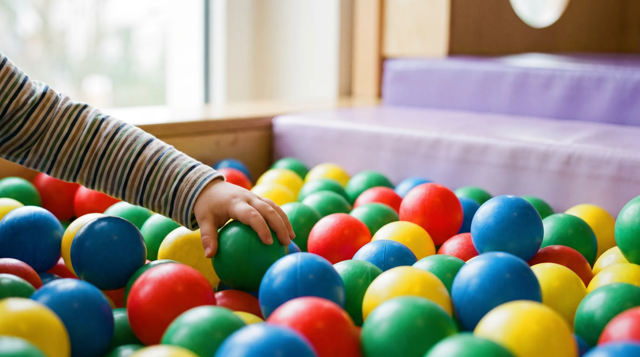 Kinderhände greifen bunte Bälle im Bällebad eines Indoorspielplatzes in Köln