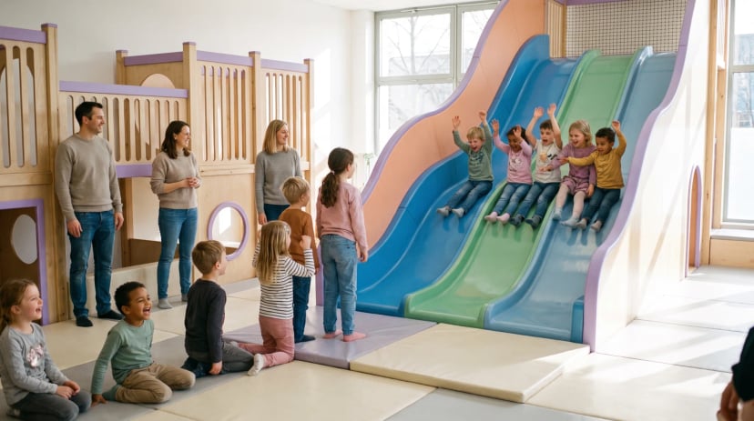 Kinder klettern und rutschen auf einem Indoorspielplatz in Köln