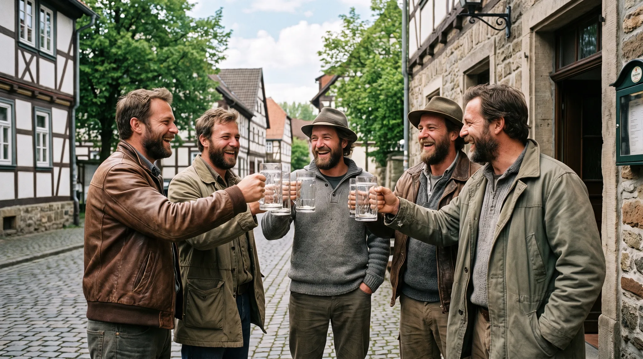Freunde feiern gemeinsam beim Junggesellenabschied in einer Bar