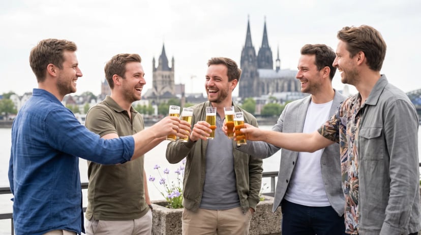 Freundesgruppe feiert Junggesellenabschied bei einer Kneipentour in Köln