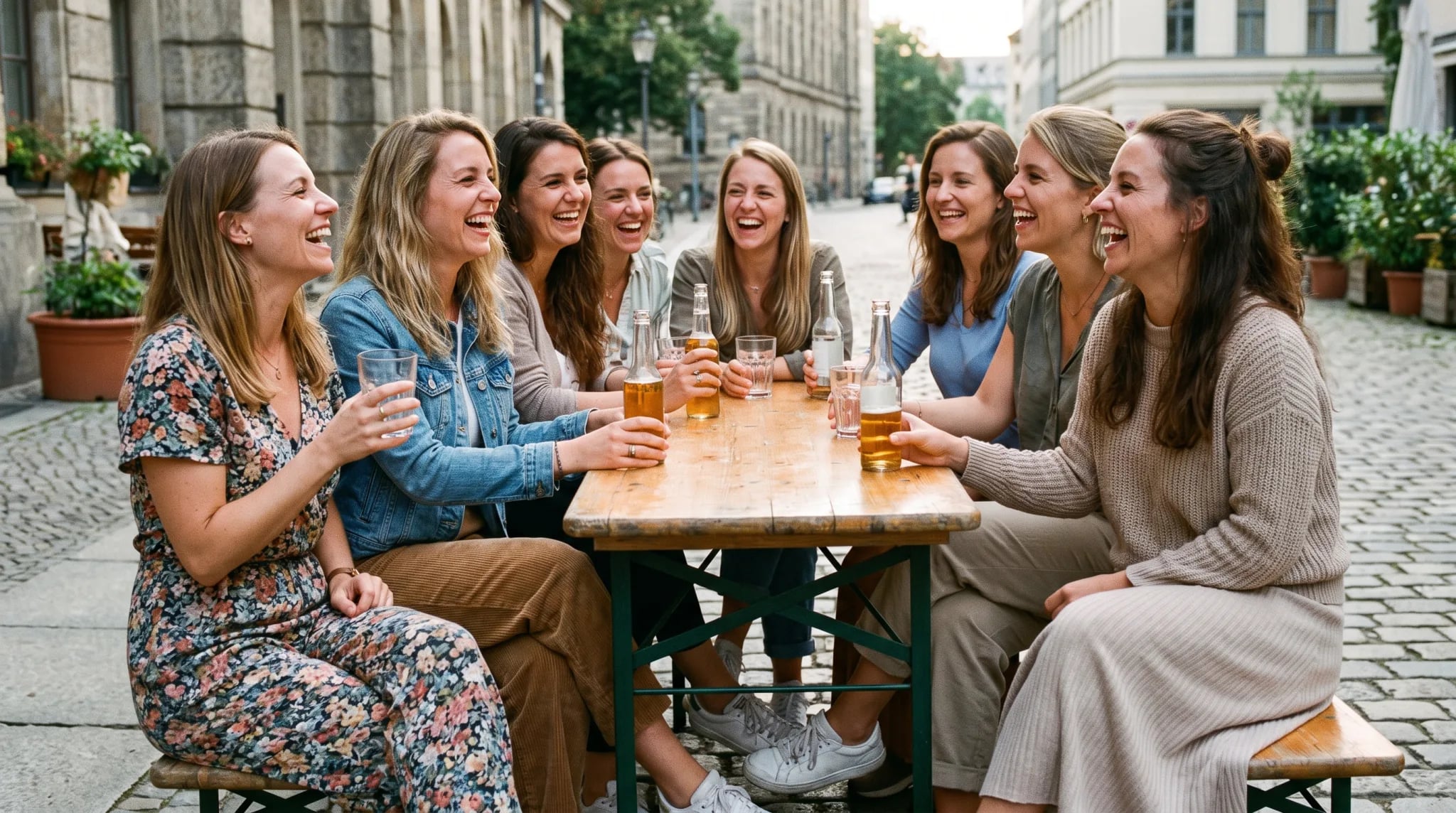 Gruppe Frauen beim Junggesellinnenabschied mit Sekt und JGA-Deko
