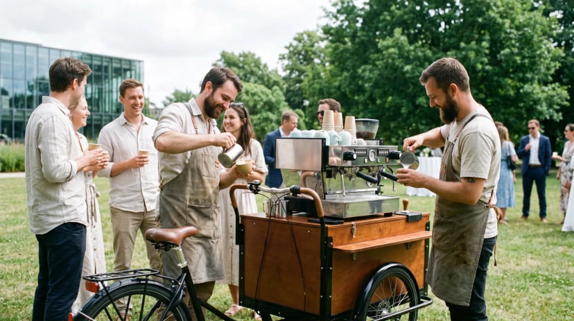 Kaffeebike mit Barista bei einem Firmenevent, frischer Cappuccino wird ausgeschenkt
