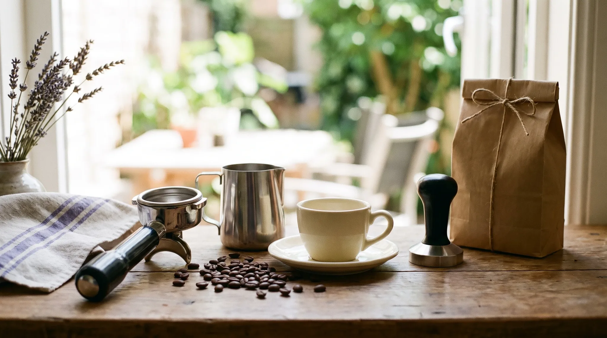Kaffeebike in Sankt Augustin: Nahaufnahme von Portafilter, Kaffeebohnen und Espressotasse auf Holzoberfläche im warmen Morgenlicht