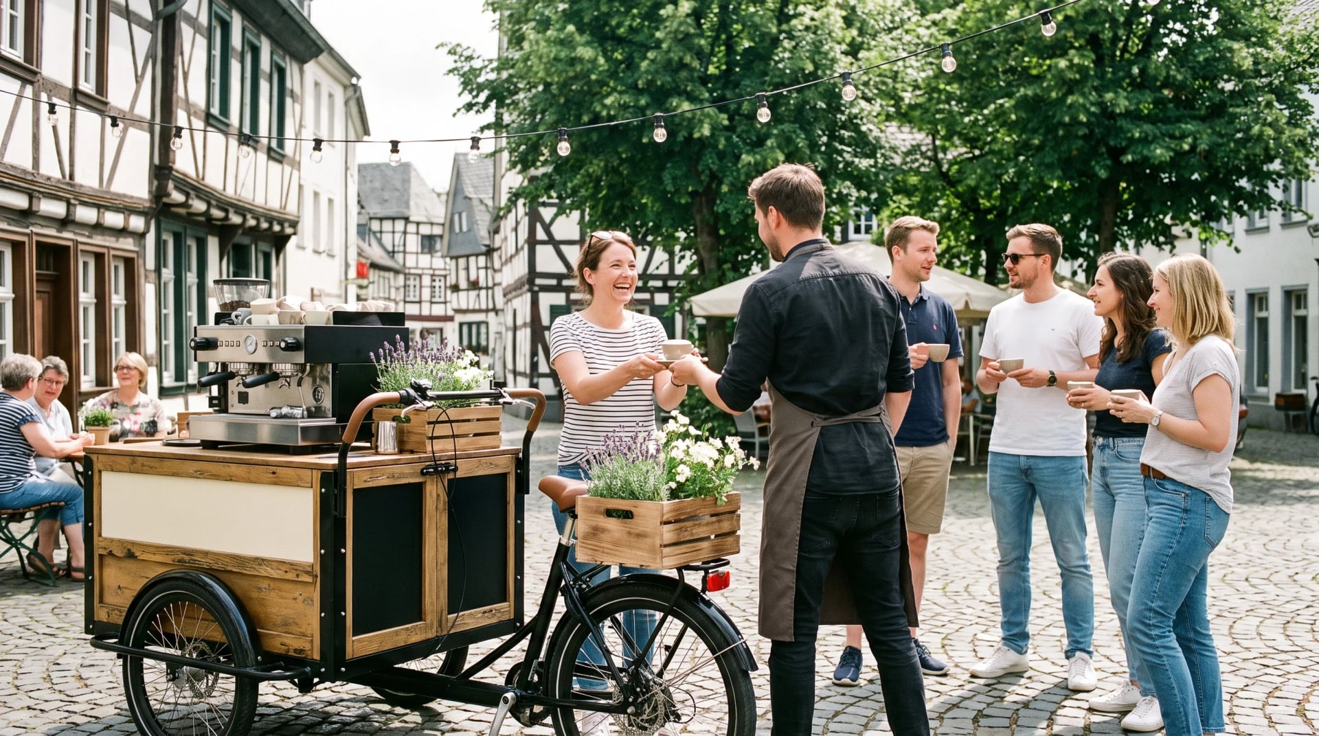Kaffeebike mit Barista schenkt Kaffee bei einem Event in Siegburg aus