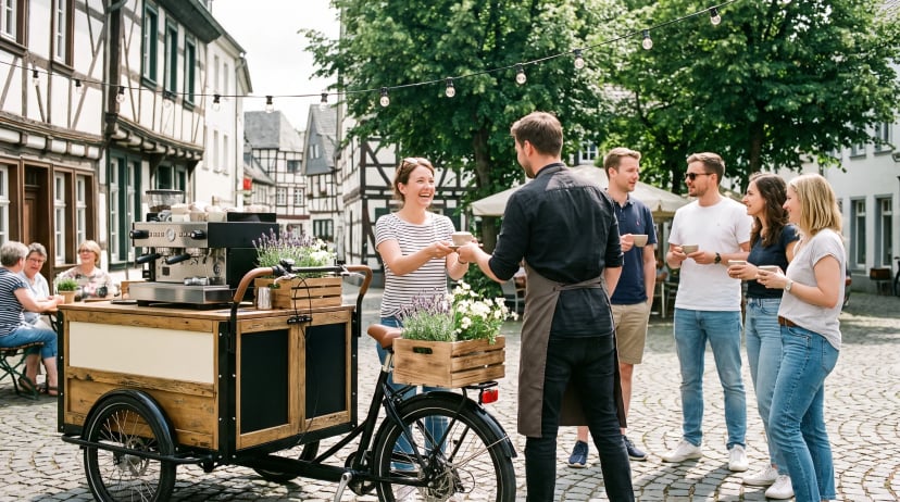 Kaffeebike mit Barista schenkt Kaffee bei einem Event in Siegburg aus