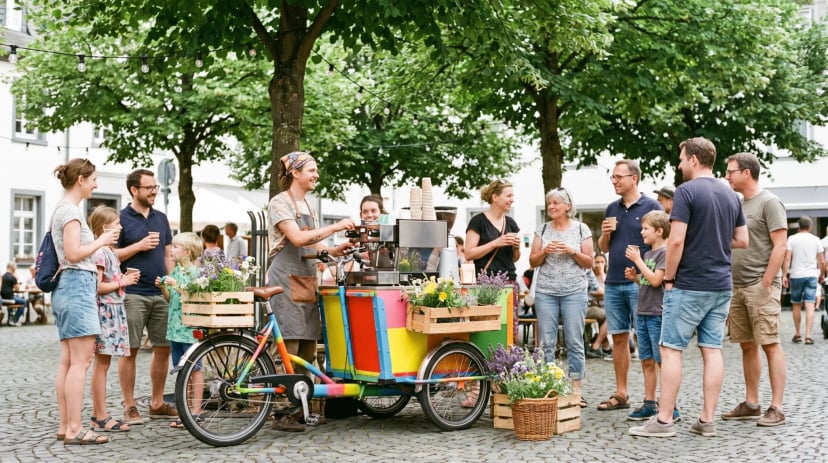 Kaffeebike mit Barista schenkt Kaffee bei einem Event in Siegburg aus