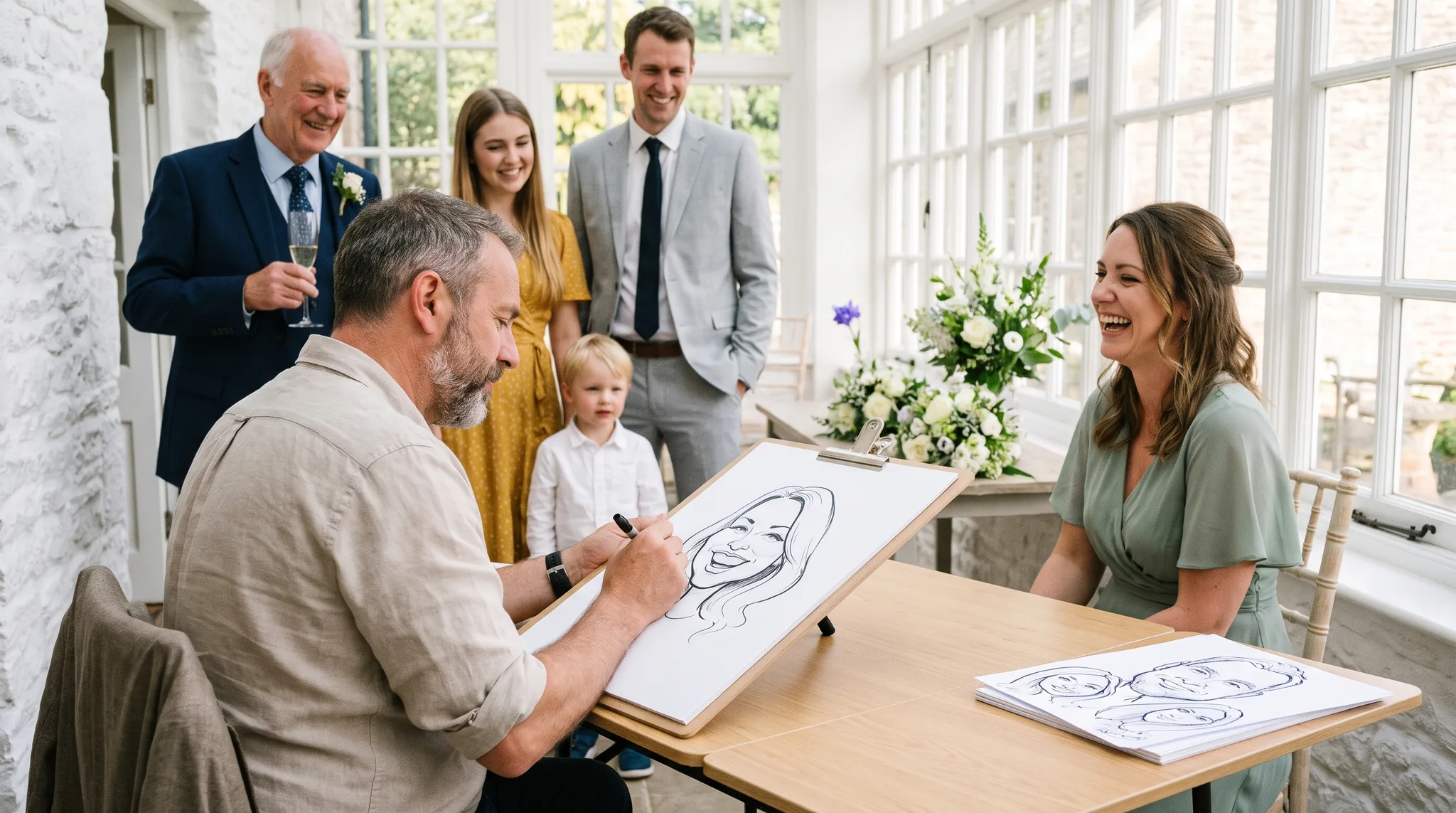 Karikaturist buchen: Ein Karikaturist zeichnet beim Sektempfang einer Hochzeit die Karikatur einer lachenden Frau auf A3-Papier, vier Gäste in Anzug und Kleid schauen zu