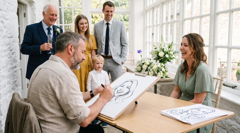 Karikaturist buchen: Ein Karikaturist zeichnet beim Sektempfang einer Hochzeit die Karikatur einer lachenden Frau auf A3-Papier, vier Gäste in Anzug und Kleid schauen zu