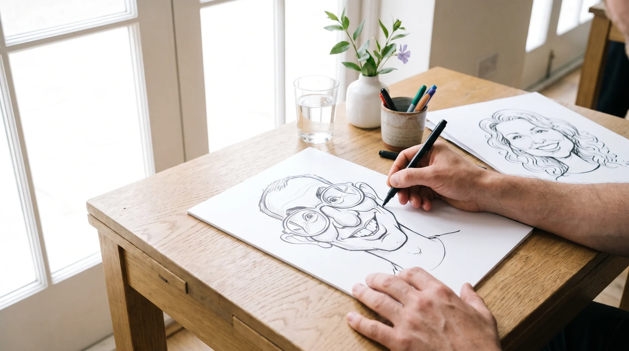 Karikaturist Detail: Hand zeichnet mit schwarzem Stift die Karikatur eines Mannes mit runder Brille auf Papier, daneben die Zeichnung einer lächelnden Frau, ein Stiftebecher und ein Wasserglas