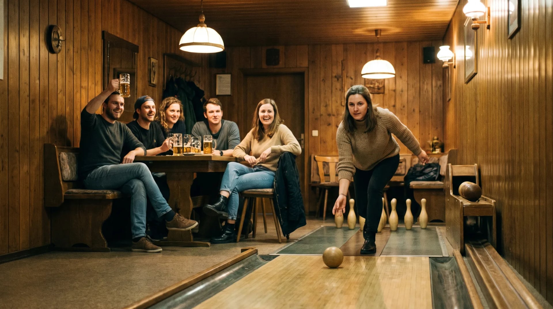 Freundesgruppe kegelt an einer gemütlichen Kegelbahn mit Getränken am Tisch