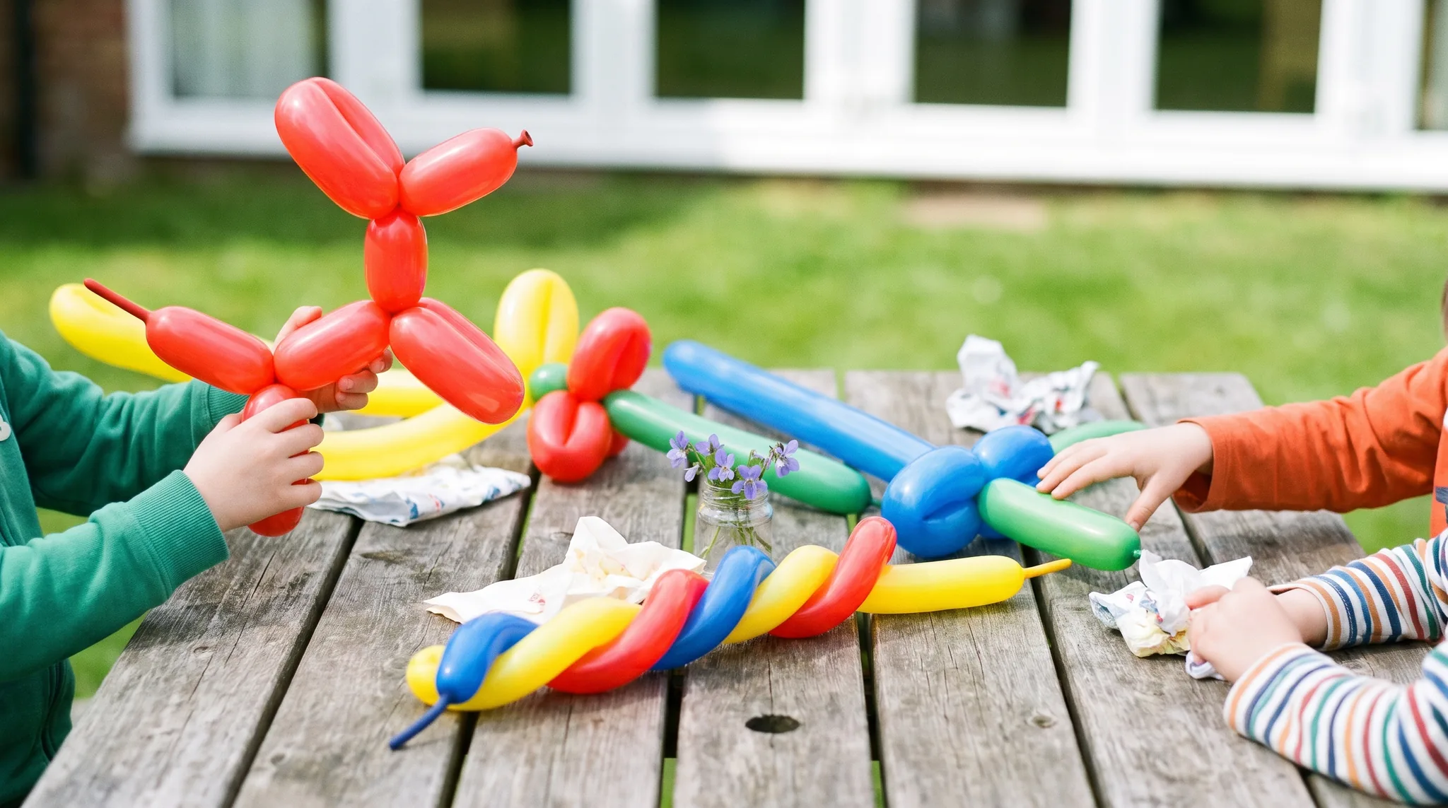 Kinderanimation Detail: Kinderhände halten Ballonfiguren in Rot, Gelb, Blau und Grün auf einem Gartentisch