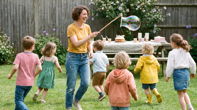 Kinderanimation Kindergeburtstag: Animateurin lässt im Garten eine Riesenseifenblase steigen, Kinder in bunter Alltagskleidung laufen von hinten und seitlich über den Rasen