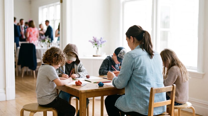 Kinderbetreuung Hochzeit: Betreuerin sitzt mit mehreren Kindern an einem Basteltisch in einer Kinderecke, alle von hinten oder seitlich, bunte Stifte und Papier