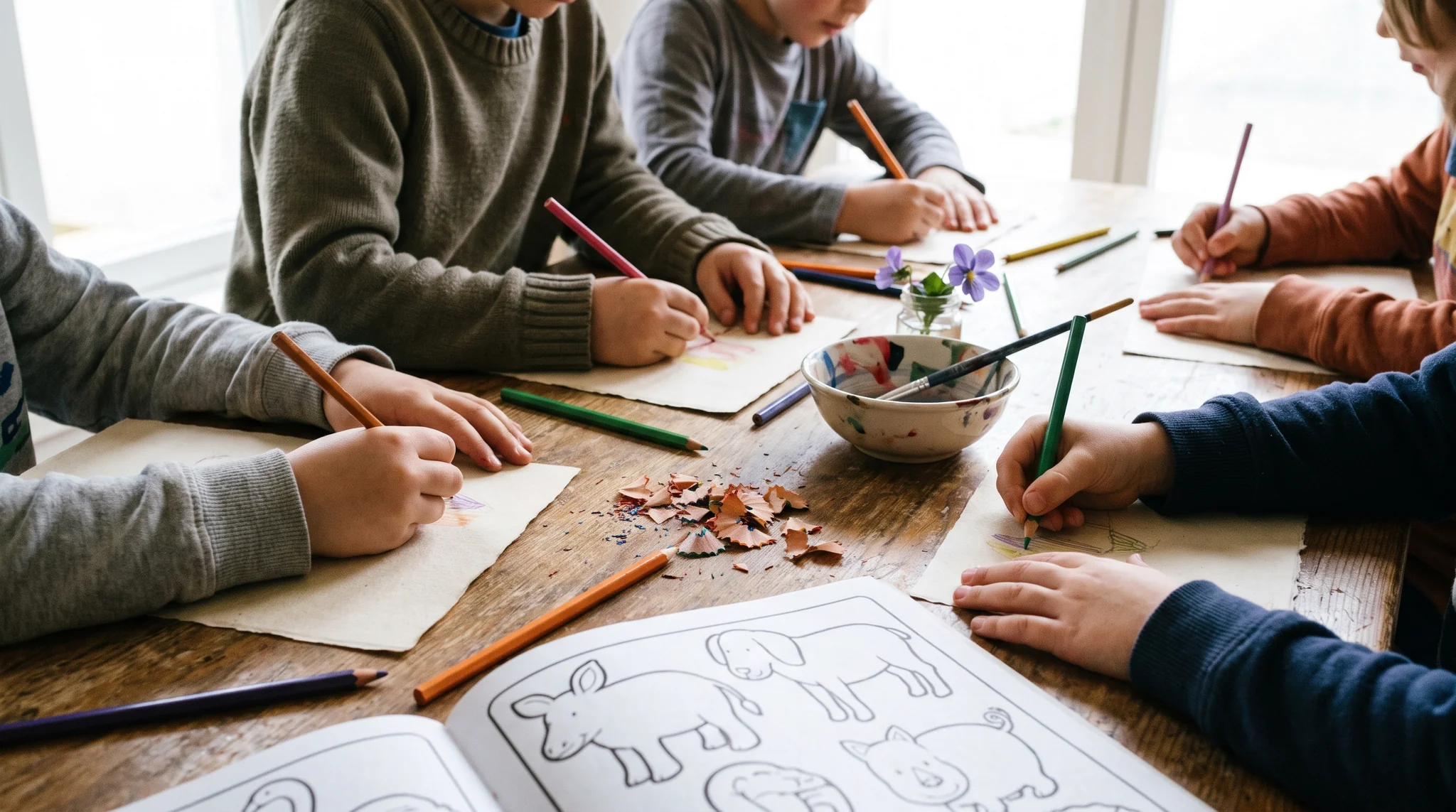 Kinderbetreuung Detail: Kinderhände malen mit Buntstiften auf Papier, daneben Malbuch und eine Farbschale mit Pinsel auf einem Holztisch
