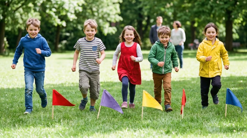 Kinder feiern ausgelassen Kindergeburtstag in der Bonner Rheinaue mit Luftballons