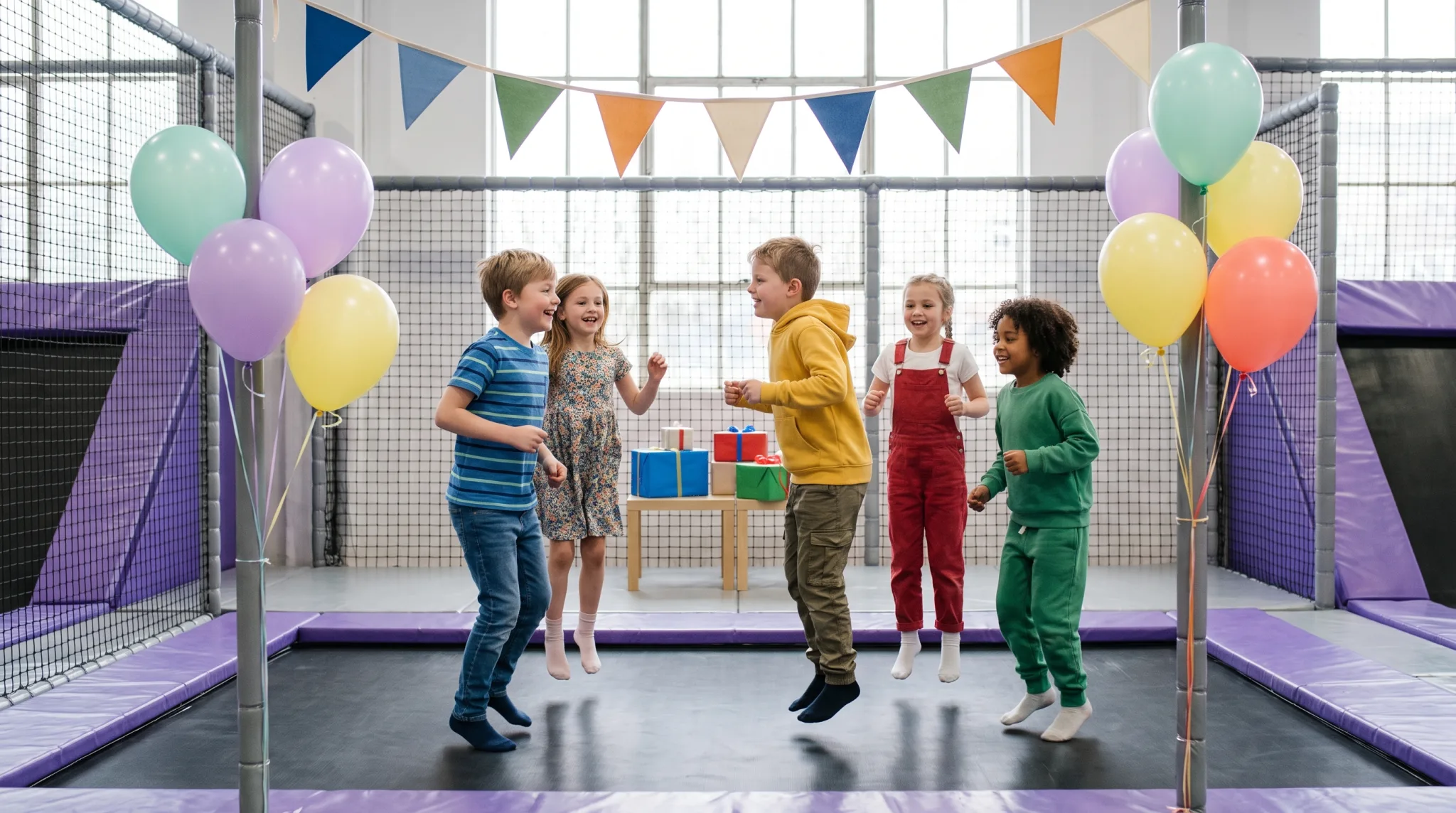 Kinder toben ausgelassen bei einem Kindergeburtstag im Trampolinpark in Düsseldorf