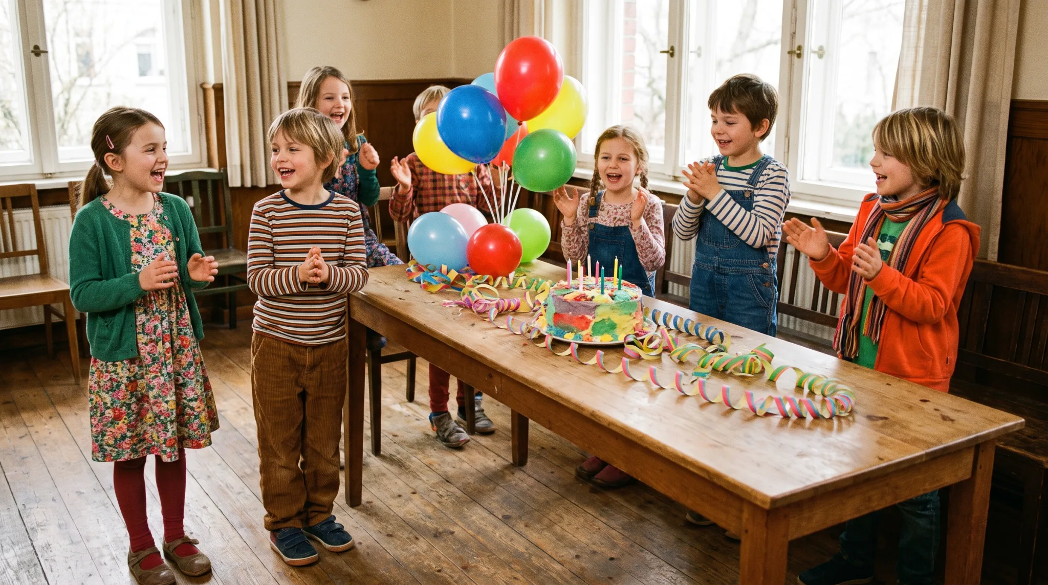 Kinder feiern fröhlich Kindergeburtstag mit bunter Deko und Luftballons