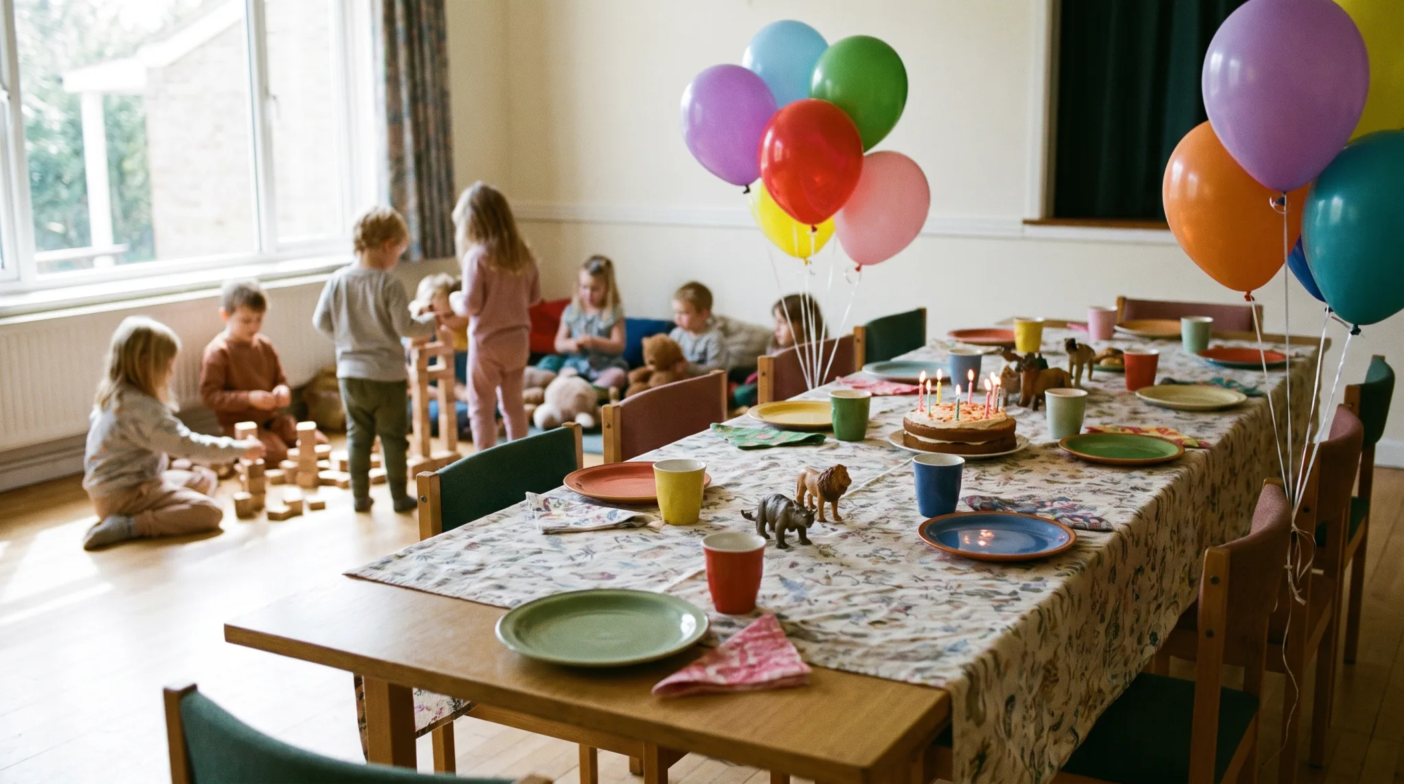 Kinder feiern ausgelassen Kindergeburtstag mit Luftballons und Geburtstagstorte